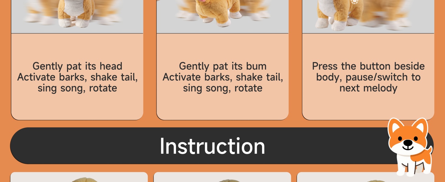 Text reads 'Gently pat its head Activated bark, shake tail, sing song, rotate' 'Gently pat its bum' 'Press the button beside body, pause/switch to next melody'. Instruction panels with orange background.