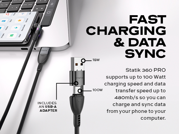 Product information display showing charging capabilities of Statik 360 PRO, featuring 100W charging speed and data transfer specifications.