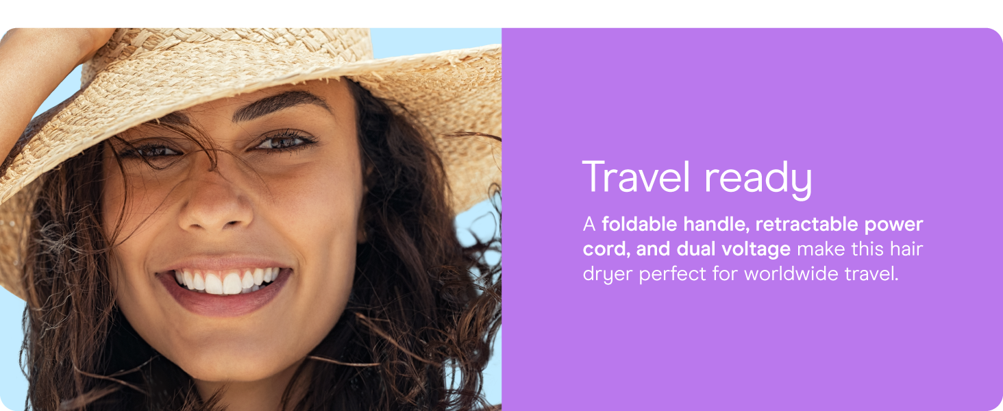 Conair small, mini, and compact hair dryer for travel. Handle folds for easy storage.