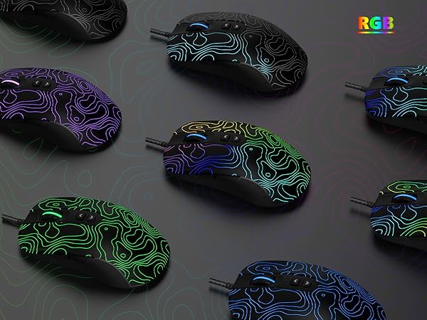 Wired Gaming Mouse,Black RGB Mouse,Computer Mouse Topographic