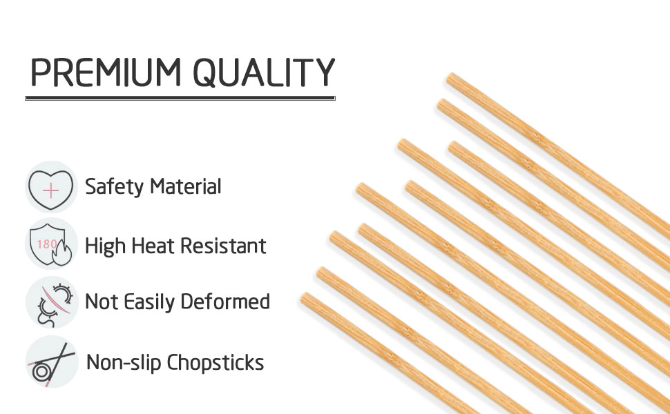 Text reads 'PREMIUM QUALITY' with feature checklist: 'Safety Material', 'High Heat Resistant', 'Not Easily Deformed', 'Non-slip Choppsticks' with diagonal line pattern background.