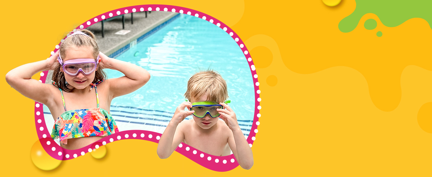 Two children in a pool wearing youth swim masks with wide clear lenses