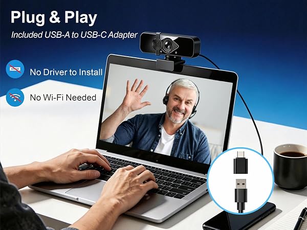 4K pc webcam featuring plug and play connectivity, included USB-A to USB-C adapter for Mac