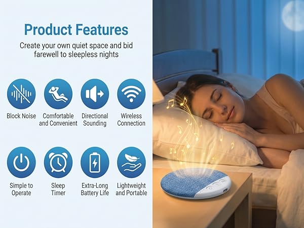Ultra-Thin Bluetooth Pillow Speaker with White Noise Timer Wireless Sleep Aid