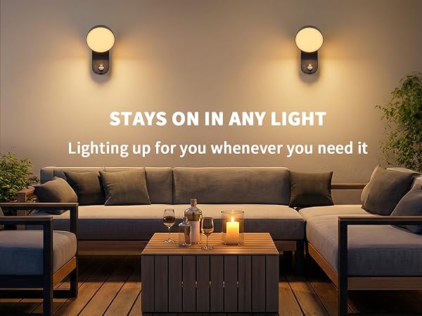 Text reads 'STAYS ON IN ANY LIGHT' and 'Lighting up for you whenever you need it'. Outdoor patio scene with warm ambient lighting from wall-mounted fixtures illuminating seating area.
