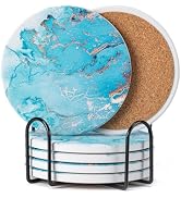 Hoewina 6Pcs Drink Coasters with Holder, Marble Style Ceramic Drink Coaster, Absorbent Coasters S...