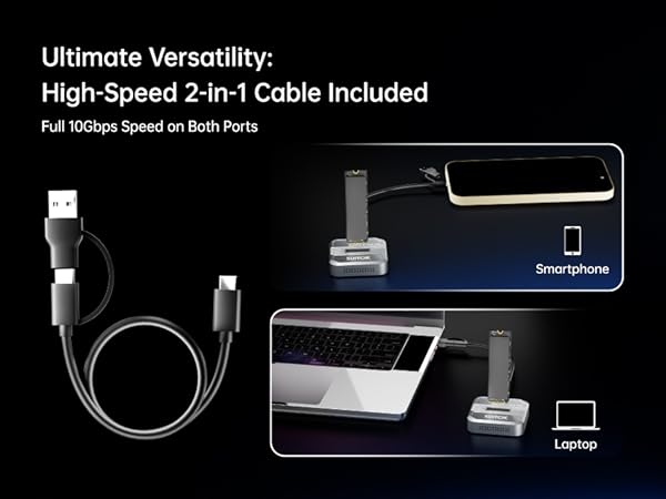 Tool-free NVMe reader external for quick drive swapping and easy data migration.