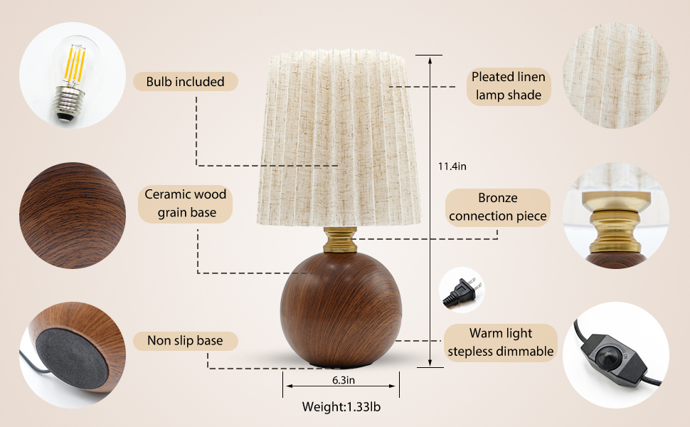 ceramic wood grain base, linen wrinkled lampshade, Brightness adjustable, LED Bulb Included