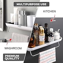 A versatile wall-mounted caddy shown in a washroom with toiletries and in a kitchen with condiments.