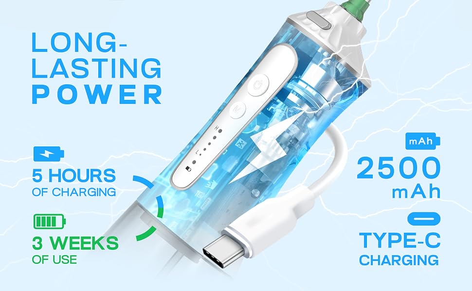 TBPO cordless water flosser with 2500mAh rechargeable battery and Type-C fast charging for 3