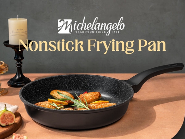 nonstick frying pan with silicone handle, ease of cleaning, works well on all cooktops, durable