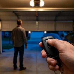 Handheld remote operating garage door during daily use