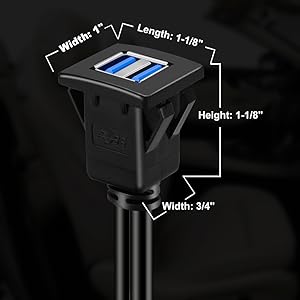 BATIGE 2 PORTS DUAL SQUARE USB 3.0 CAR MOUNT FLUSH CABLE size