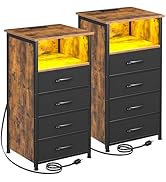 LOAKEKEL Night Stand Set 2, Tall Nightstand with Charging Station, Dresser for Bedroom with 4 Dra...