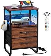 runjuly LED Nightstand, Bed Side Table with Storage, End Table with Drawers &amp; Hooks, Bedside Tabl...