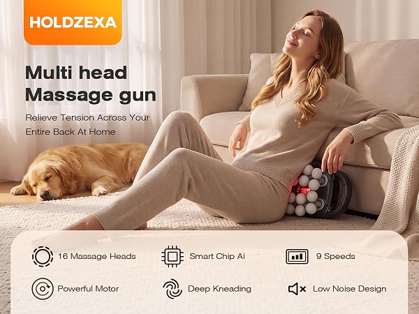 Woman uses a 16-head electric back massager at home with dual handles and 9 speed settings.