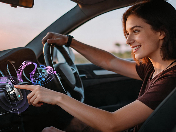 Woman presses C28 button in car aux port; cyan LED glows; music streams wirelessly