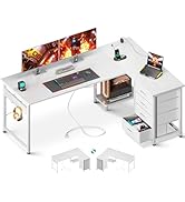 AODK L Shaped Desk with 4 Tier Drawers, 61" Reversible Gaming Desk with Power Outlets, L Shaped C...