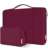 Burgundy laptop sleeve with handle and matching accessory pouch. Sleeve features zipper closure and pouch has small orange tag. Both items have a textured fabric appearance.