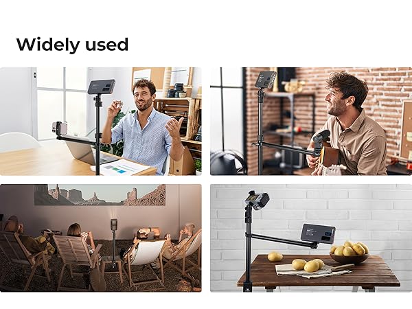 Text reads 'Widely used'. Multiple images showing people working at desks with mounted monitor arms or stands in office environments.
