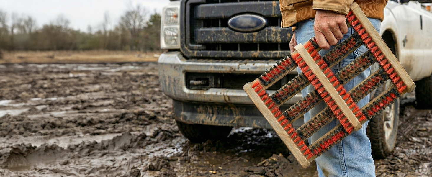 man holding portable lightweight boot scrubber in front of truck in mud