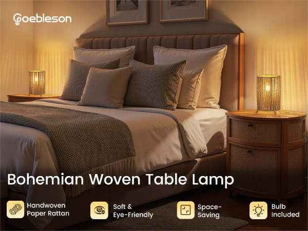 Text reads 'Bohemian Woven Table Lamp'. Multiple views of a modern table lamp with woven fabric shade in warm beige tones, shown in cozy bedroom settings.