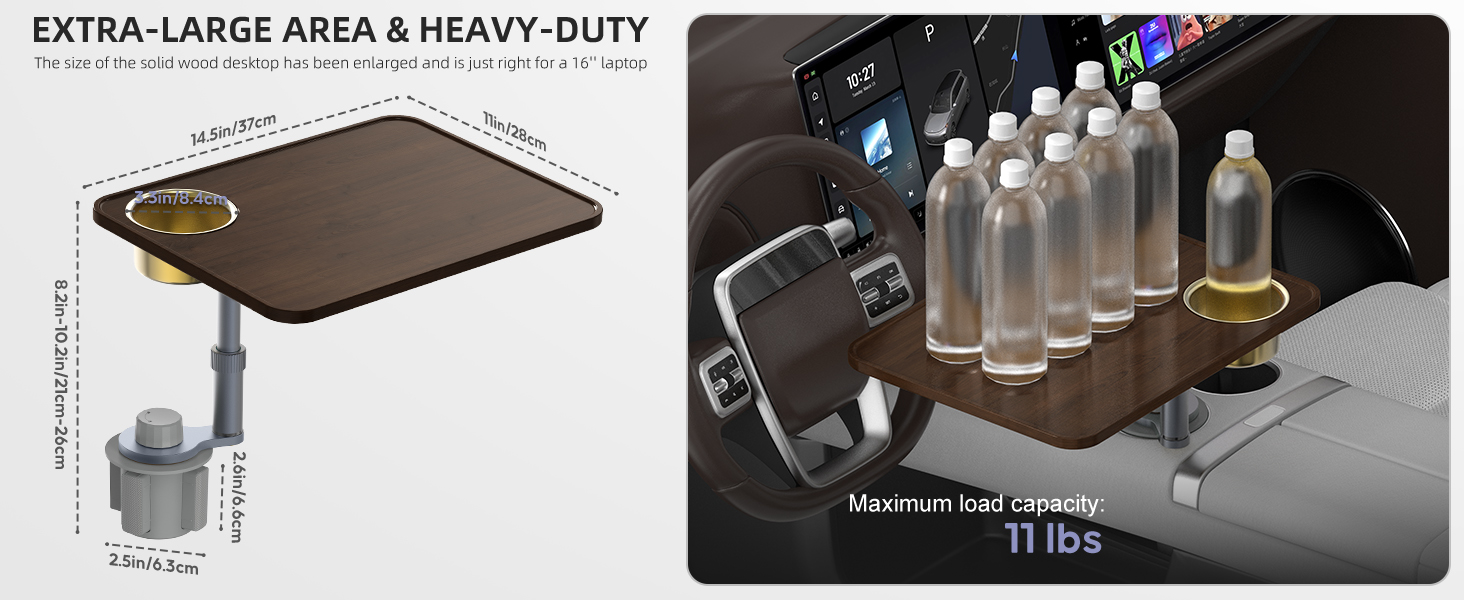 Car Desk Car Tray for Laptop &amp;amp; Food, Wood Cup Holder Table with Adjustable Height