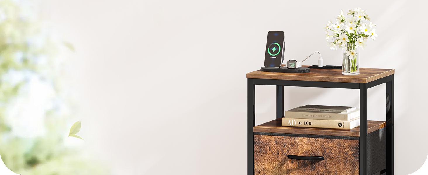 Nightstand with Charging Station, 27.6 Inch Side Table with Fabric Drawers