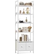 Furologee White 6 Tier Bookshelf with Drawers, Tall 71