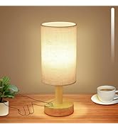Rechargeable Cordless Touch Table Lamp with Stepless Dimming,Natural Wood Base&amp;Linen Shade,Small ...
