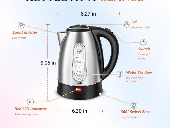 Compact 1.8L Electric Kettle Dimensions