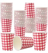 DTFMZOV 50 Pcs 8 oz Gingham Paper Cups, Disposable Gingham Cups, Red Checkered Cup for Hot Cold B...