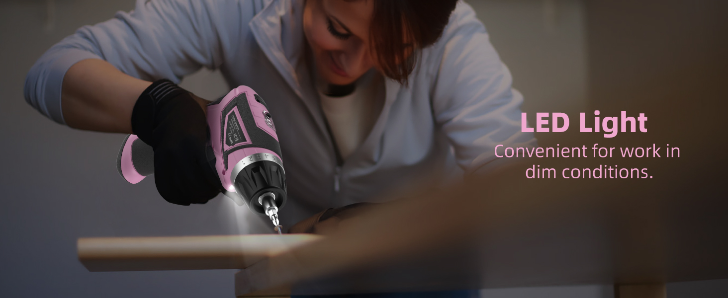 Close-up of a handheld tool with an LED light, being used in dim conditions. Text overlay indicates 'LED Light' for convenient work in low light.