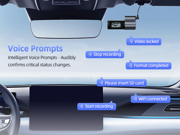 Text shows multiple voice command statuses: 'Voice Prompts', 'Voice locked', 'Format completed', 'WiFi connected', 'Start recording', 'Stop recording'. Dashboard interface display.