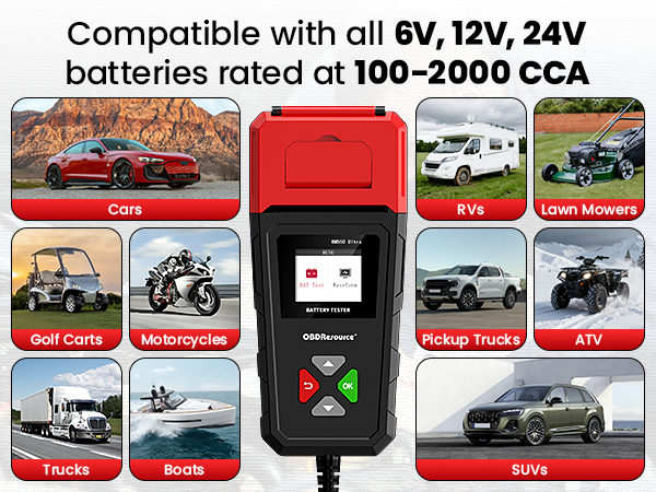 Compatible with all 6V, 12V, 24V batteries rated at 100-2000 CCA