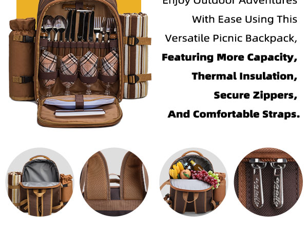 Picnic Backpack Bag for 4 Person with Cooler Compartment,Wine Bag, Picnic Blanket