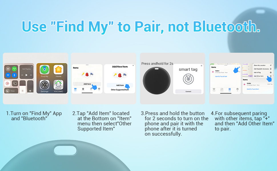Text reads 'Use Find My to Pair, not Bluetooth'. Technical interface screens showing device pairing instructions with blue and white color scheme.