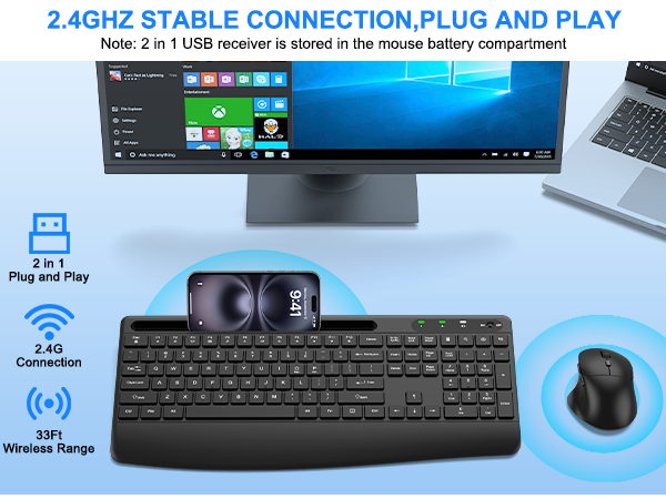 Wireless Keyboard and Mouse, Comfort Ergonomic Palm Rest Keyboard Mouse Combo Phone Holder