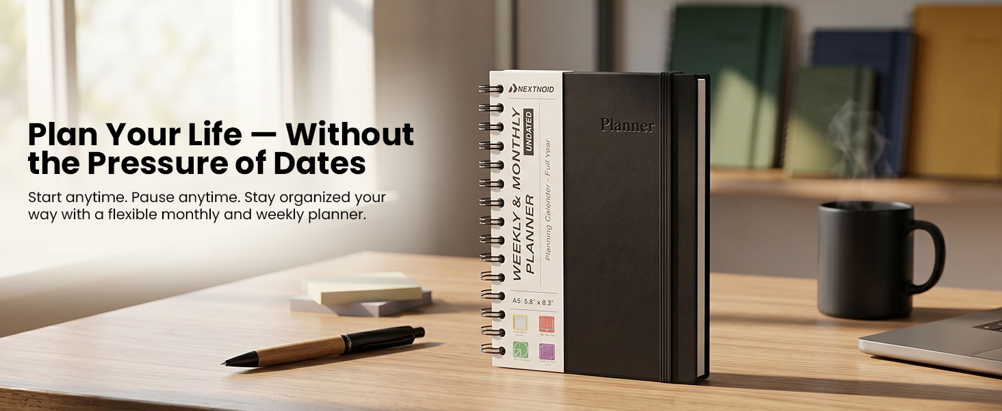 Undated Monthly and Weekly Planner - 12 Month Calendar Planner Notebook with Week Days