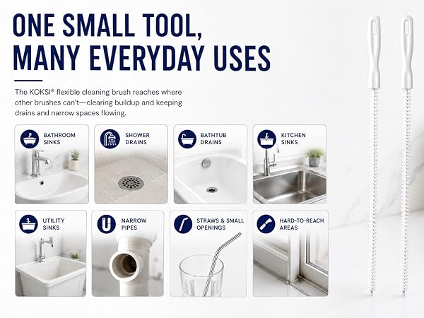 flexible cleaning brush for bathroom sinks, shower drains, bathtub drains, kitchen sinks and small