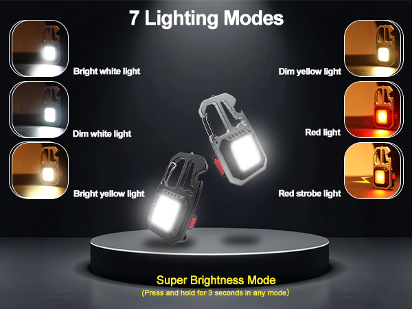 7 Light modes,White bright?dim,yellow bright?dim ,red?red strobe press 3s to brightest mode