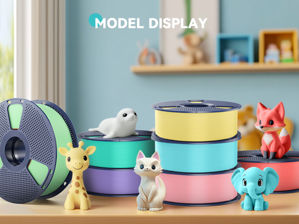 Colorful 3D printer filament spools in various colors displayed with cute animal figurines. Spools feature yellow, teal, purple, and pink filaments, alongside small toys of a seal, giraffe, cat, fox, and elephant.