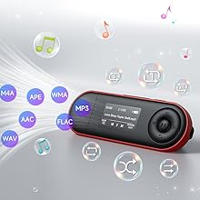 Portable digital audio player with black and red design displaying multiple music format icons (MP3, AAC, WMA, WAV, FLAC, etc.) and playback controls on screen against white background.