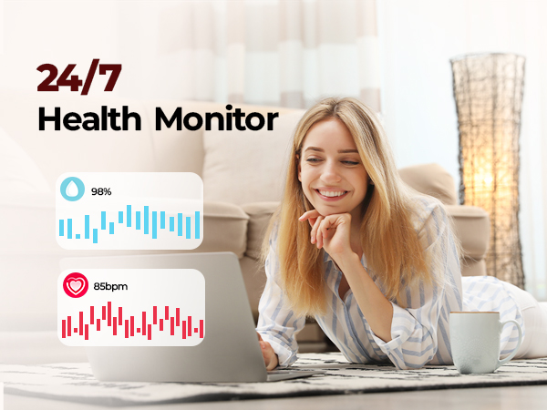 24/7 health tracking watch displaying real-time heart rate and blood oxygen SpO2 monitor