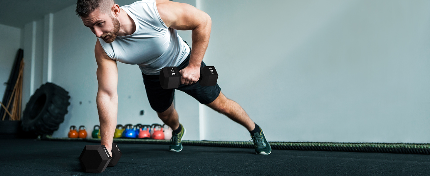 Fitvids Rubber Encased Exercise &amp; Fitness Hex Dumbbell, Hand Weights with Handle, Multiple Sizes