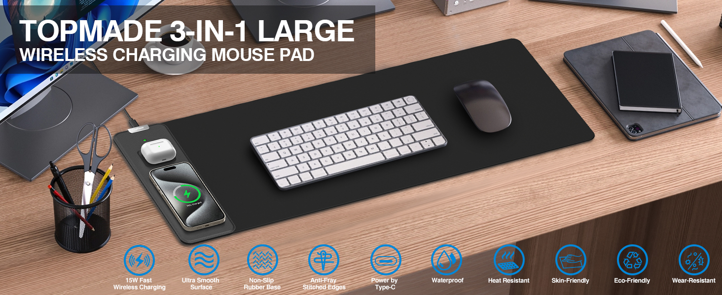 topmade 3-in-1 large wireless charging mouse pad