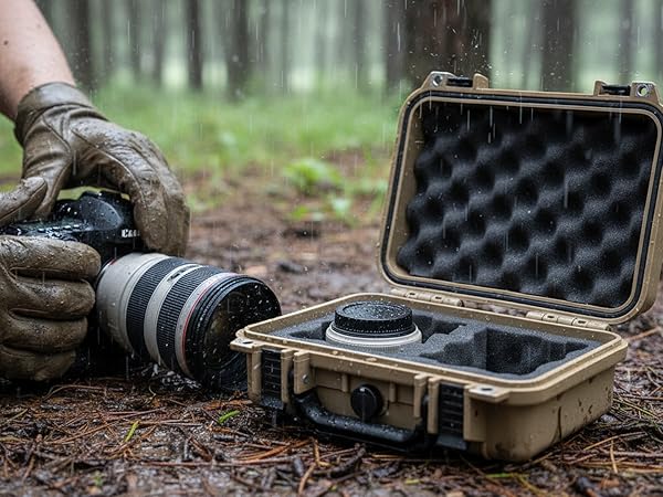 Multiple panels showing protective camera equipment cases opened on forest ground, displaying professional camera gear and accessories inside foam-padded compartments.