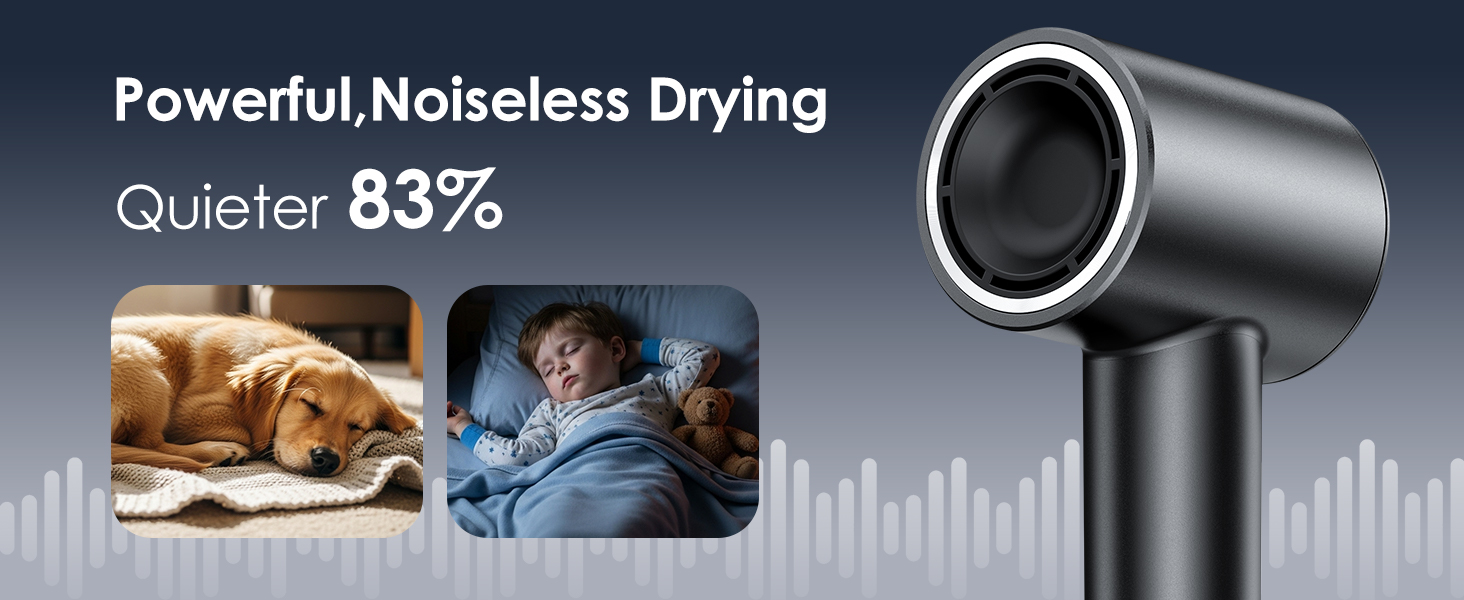 Hair dryer designed for low noise operation, shown in quiet indoor use environments.
