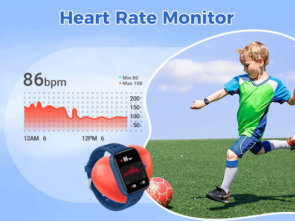 Heart rate monitor smartwatch with red and blue strap, displaying 86 bpm. Graph shows heart rate over time. Child in soccer uniform kicks ball on field.