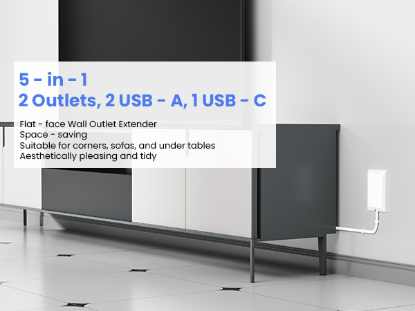 5-in-1 , 2Outlets , 2USB-A , 1USB-C